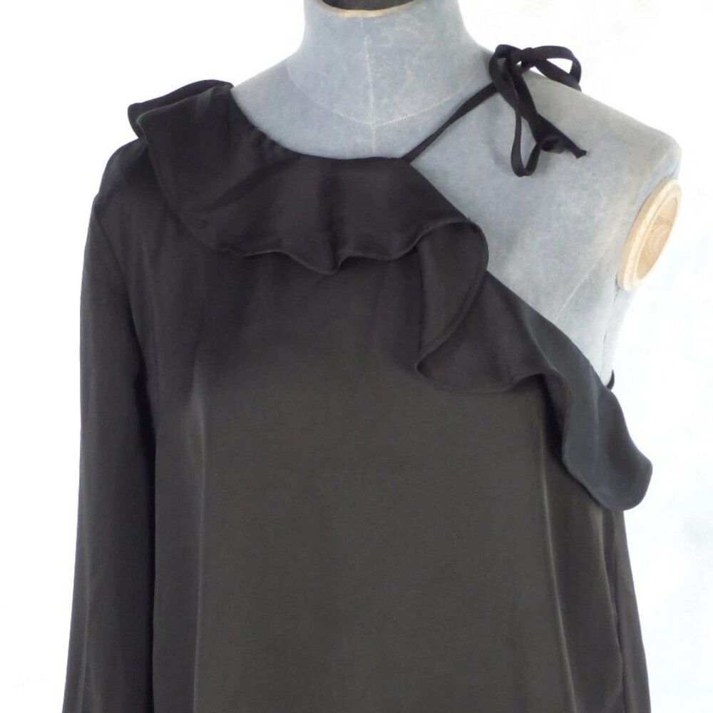 Zara One Shoulder Blouse Black Satin Ruffle Top Long Sleeve Flowy Sexy